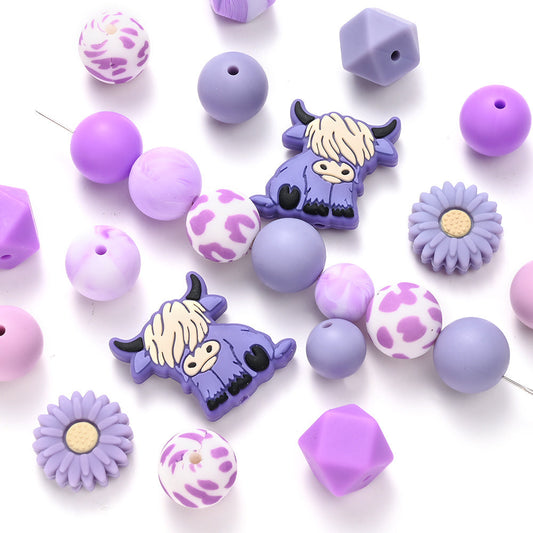 Purple Highland Cow Daisy Silicone Beads Set