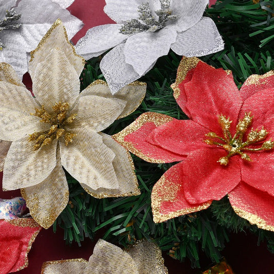 10PCS 13×13cm Gold & Red Glitter Christmas Flower Picks