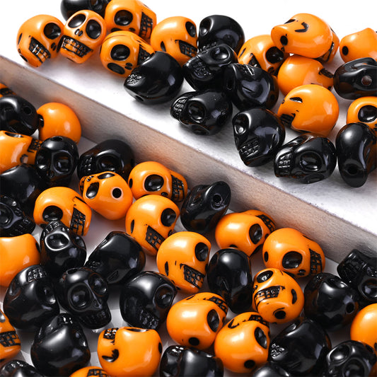 300pcs 9x12mm Halloween Skull Acrylic Beads Orange Black Small Goth Skull