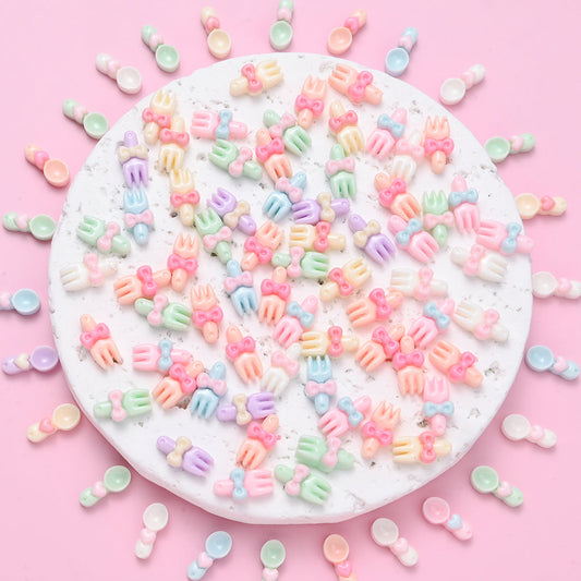 100PCS Colorful Kawaii Mini Bow Spoon & Fork Resin Embellishment Set