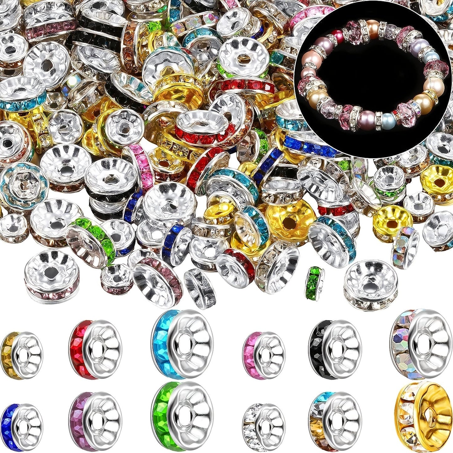 50PCS Mixed Color Rhinestone Metal Spacer Bead Set