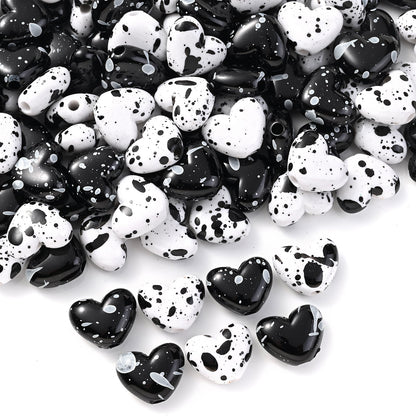 Black White Speckled Heart Acrylic Spacer Beads
