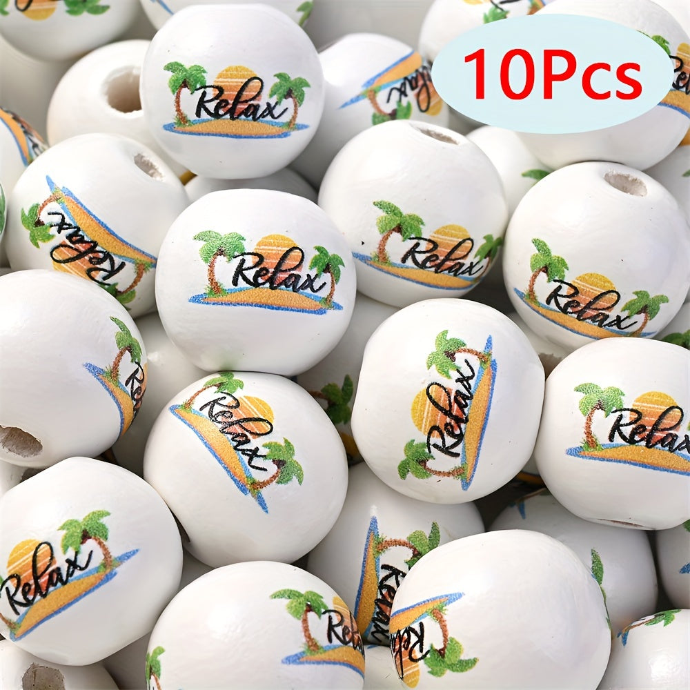 10PCS 16mm Beach-Themed Printed Wooden Bead Set