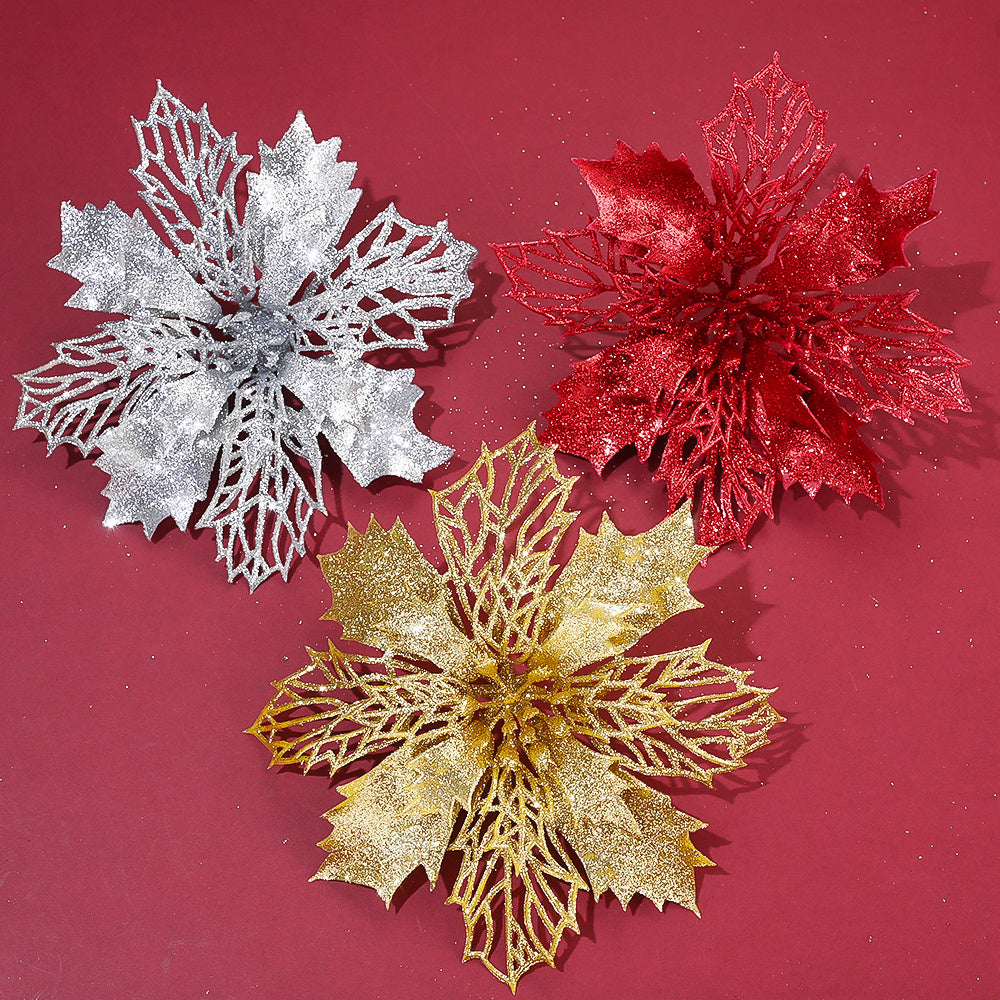 10PCS 16cm Gold, Silver & Red Hollow Christmas Flower Set