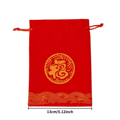 Red Chinese Fu Flocking Drawstring Gift Bags
