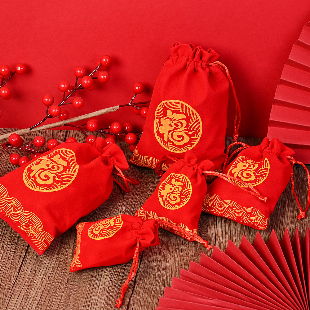 Red Chinese Fu Flocking Drawstring Gift Bags