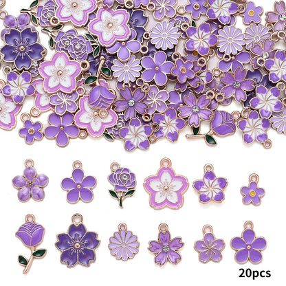 20/50PCS Purple Flower Enamel Charm Pendant Set