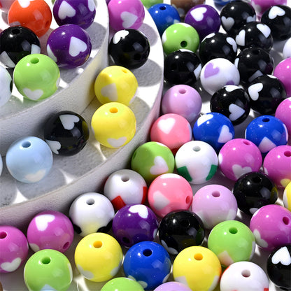 10pcs 16mm Mixed Color Acrylic Heart Pattern Round Beads