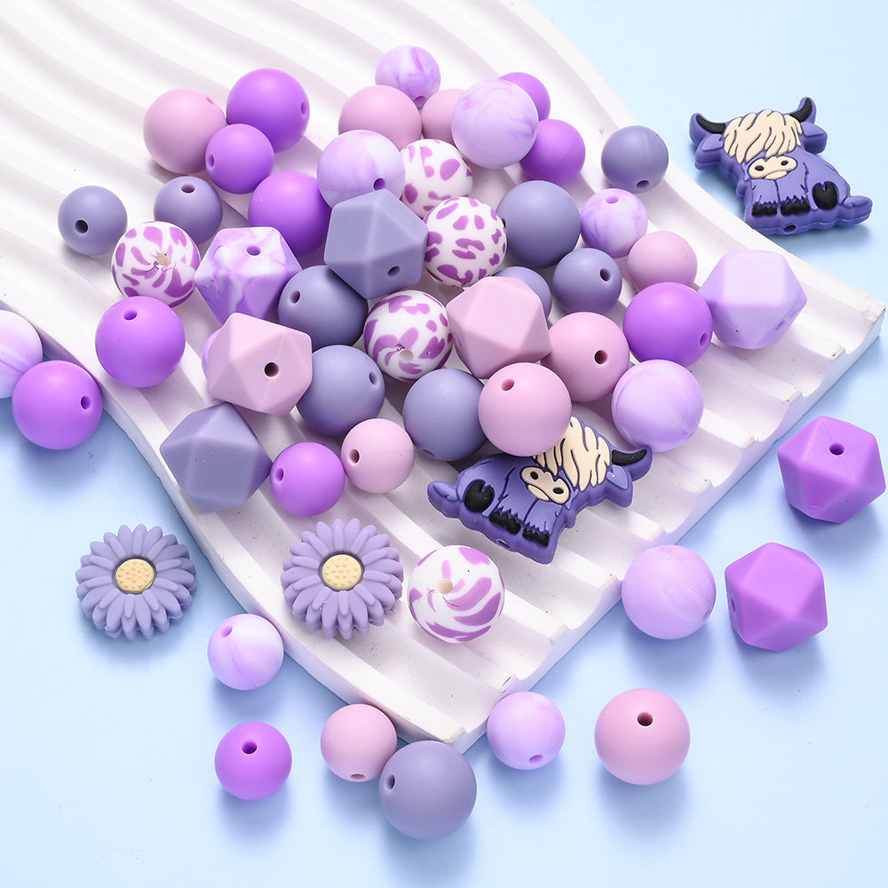 Purple Highland Cow Daisy Silicone Beads Set