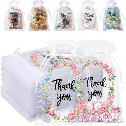 10x15 cm White & Pink Organza Drawstring Gift Bags