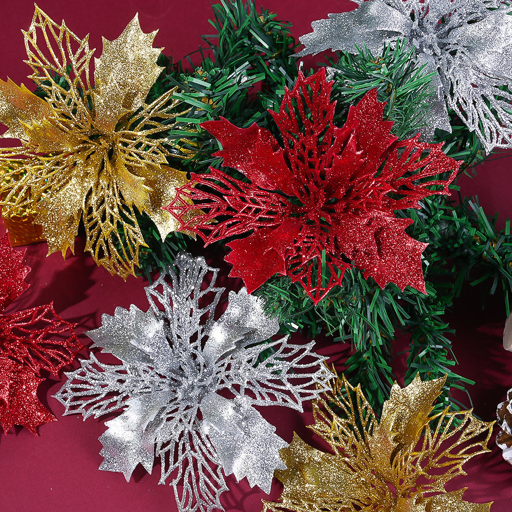 10PCS 16cm Gold, Silver & Red Hollow Christmas Flower Set