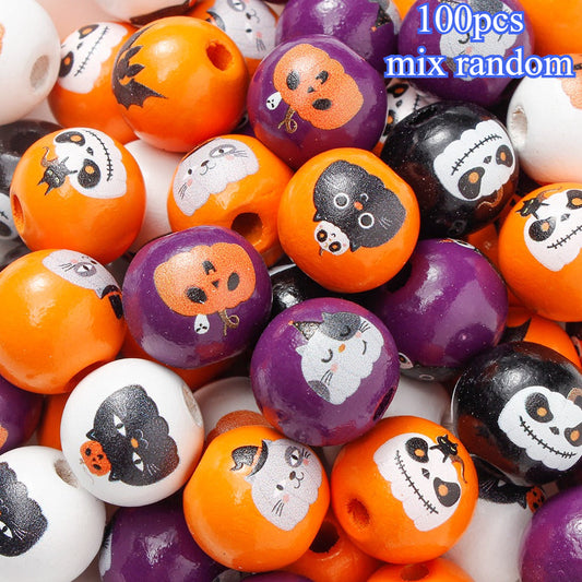 100pcs Mix Random Big Size Halloween Wood Beads