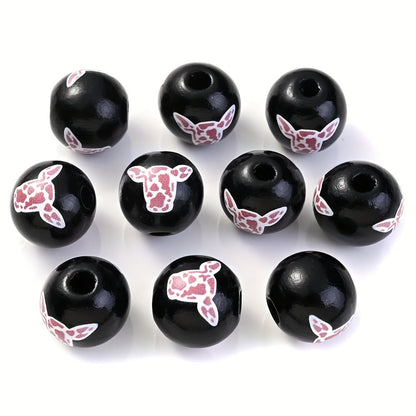 10PCS 16mm Black Bullhead Pattern Wooden Bead Set