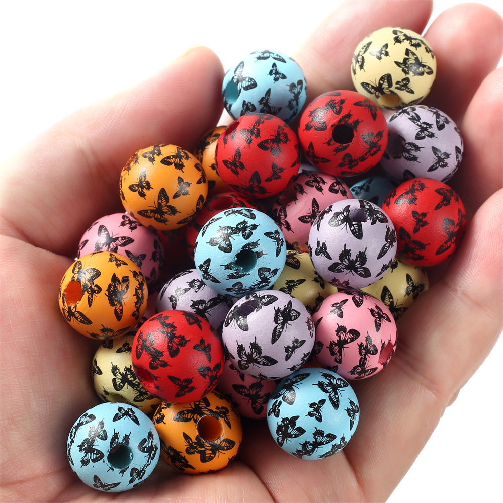 16 mm Colorful Butterfly Print Wooden Beads