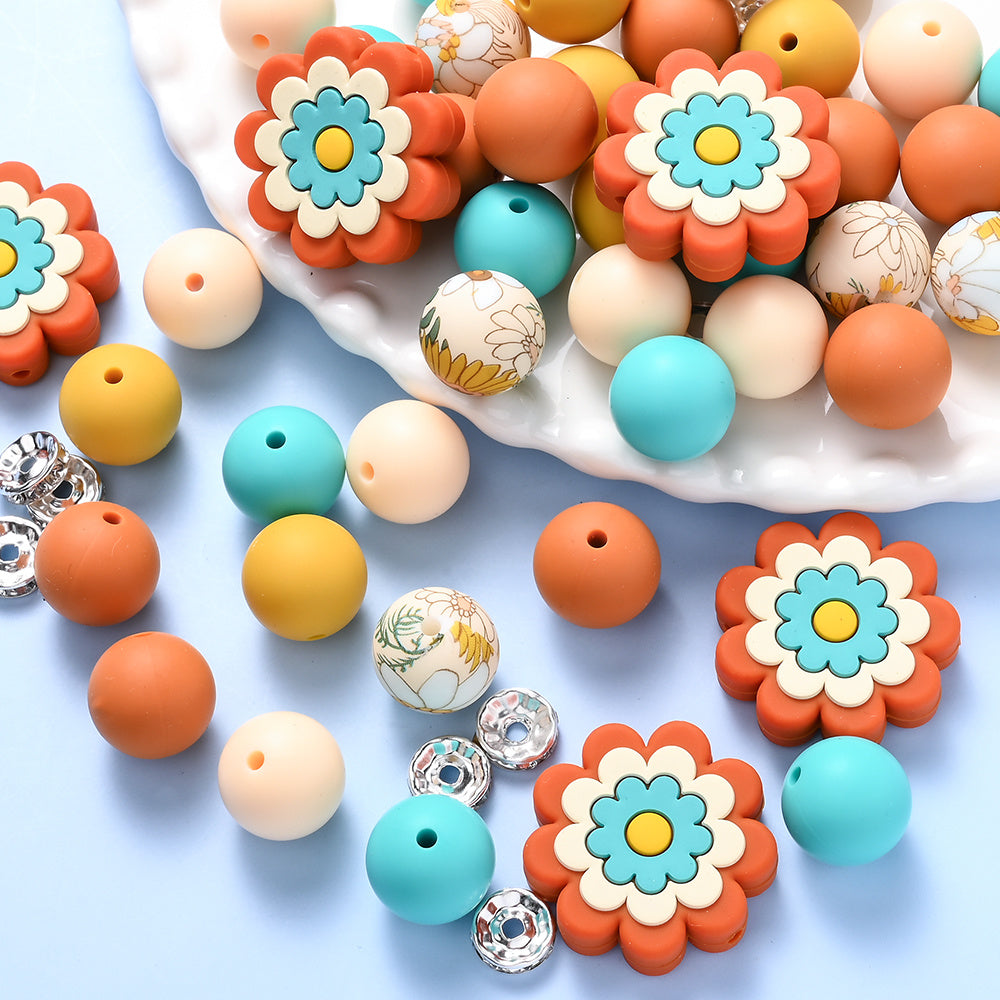 70pcs Flower Silicone Rhinestone Spacer Beads Set