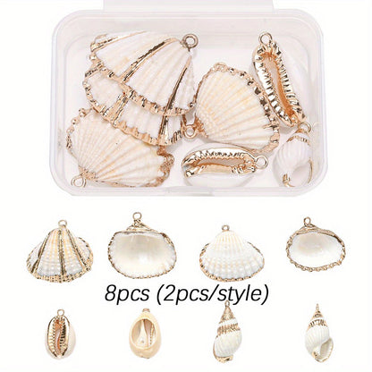 8-Piece Mixed Natural Shell Conch Charms with Gold Edges