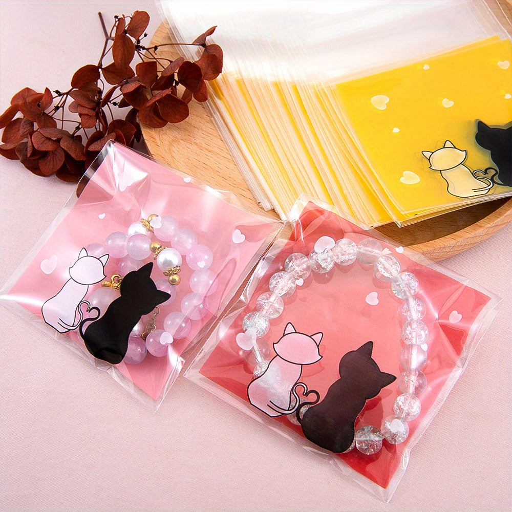300-Piece Cat Print Self-Adhesive OPP Jewelry Bags