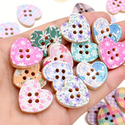 Heart Shape Wooden Printed Buttons