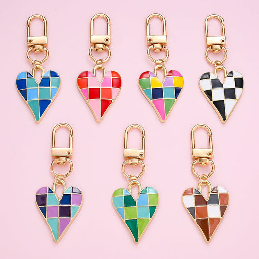 Colorful Checkerboard Heart Enamel Pendant Charms