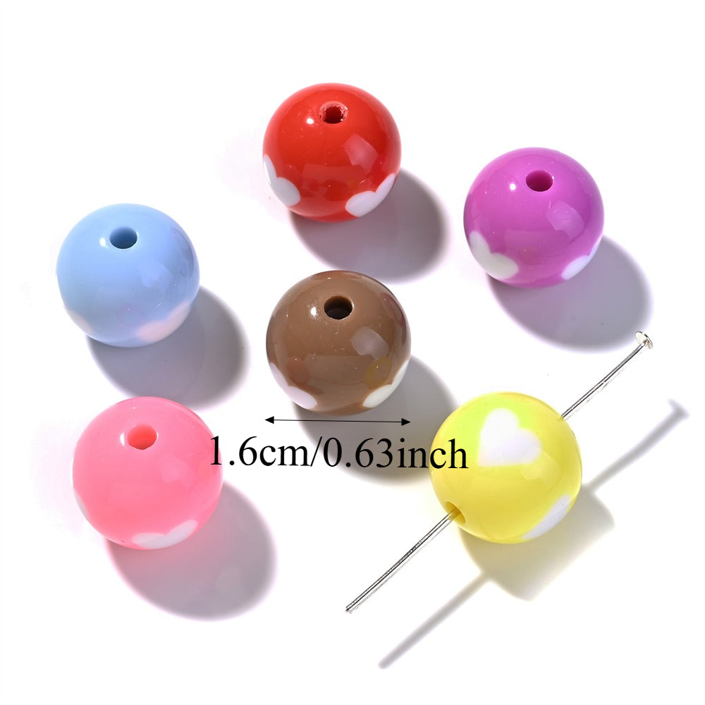 10pcs 16mm Mixed Color Acrylic Heart Pattern Round Beads