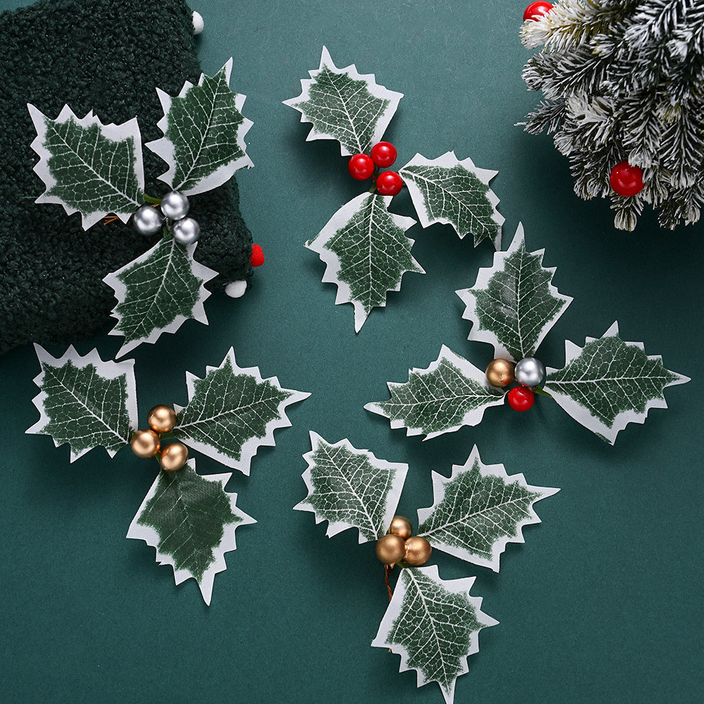 10PCS 5.5×6.5cm Christmas Holly Leaf & Berry Picks