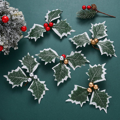 Simulated Christmas Green Leaves & Red Berry Decorations