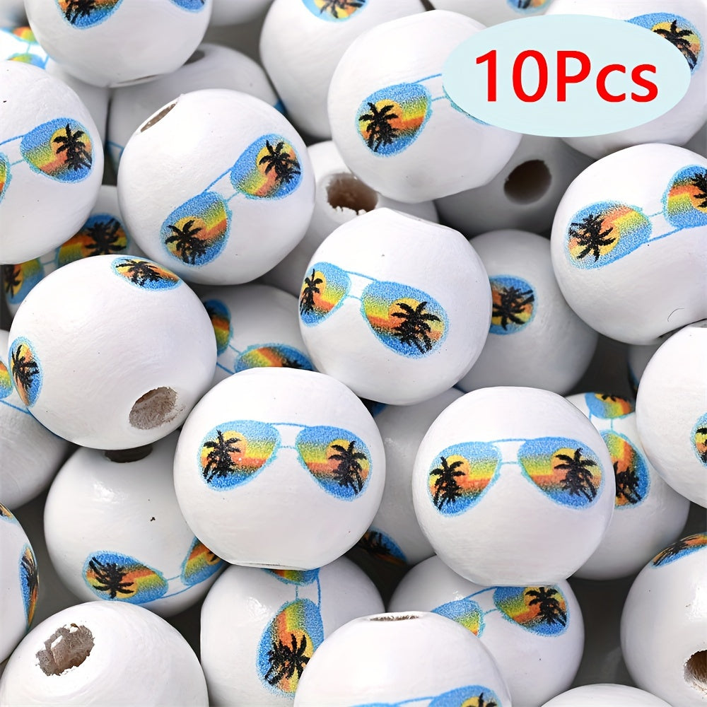 10PCS 16mm Beach-Themed Printed Wooden Bead Set