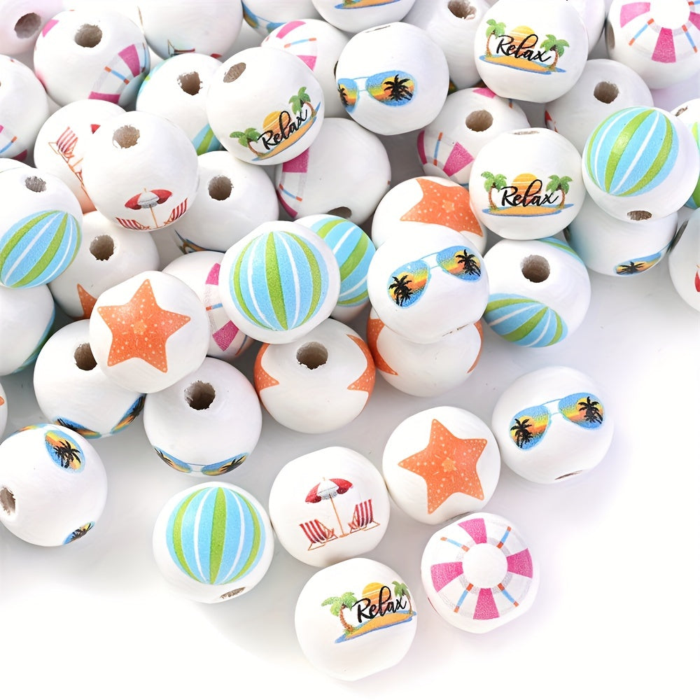 10PCS 16mm Beach-Themed Printed Wooden Bead Set