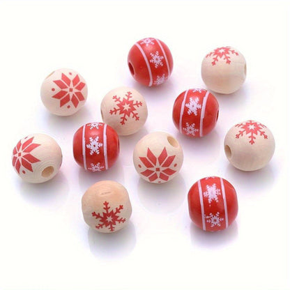 10PCS 15mm Red Snowflake Pattern Wooden Bead Set