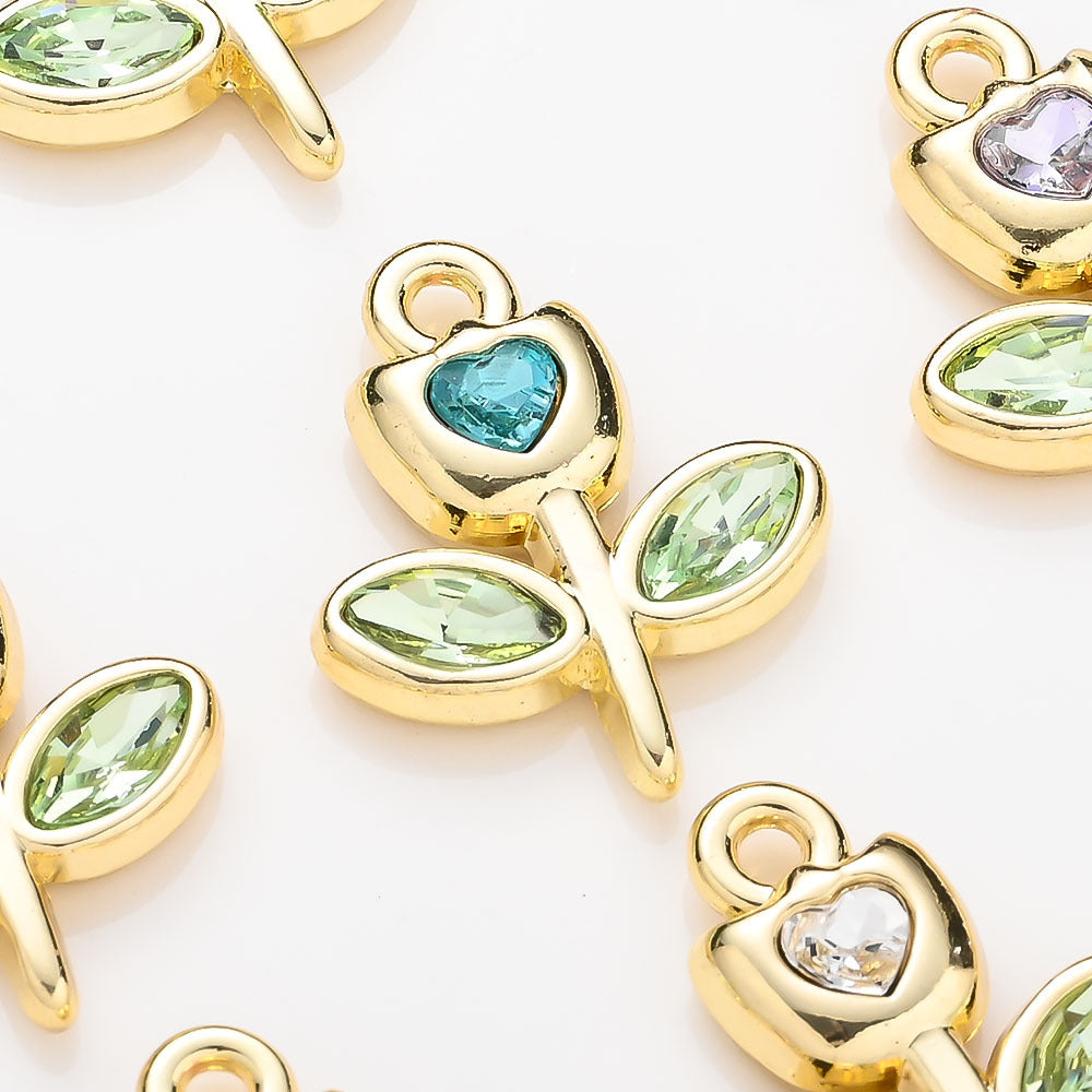 Rhinestone Heart Tulip Leaf Alloy Charms