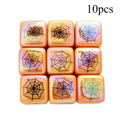 Orange Acrylic Cube Beads with Spider Web Print