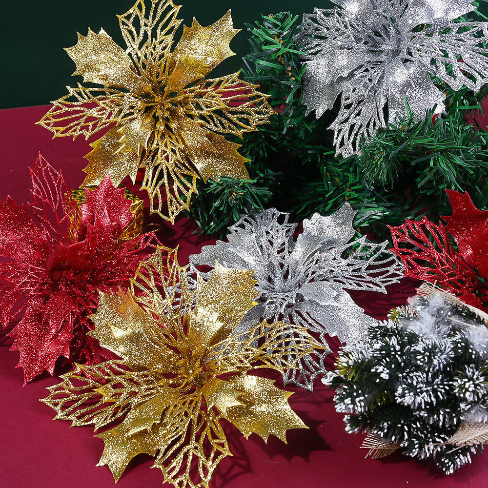 10PCS 16cm Gold, Silver & Red Hollow Christmas Flower Set