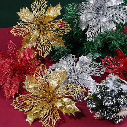 10PCS 16cm Gold, Silver & Red Hollow Christmas Flower Set