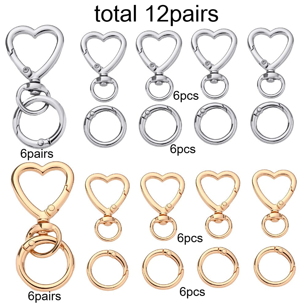 12 Pairs Heart & Round Double Buckle Keychain Set