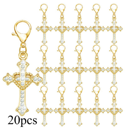 20-Piece White & Gold Rhinestone Cross Keychain Set