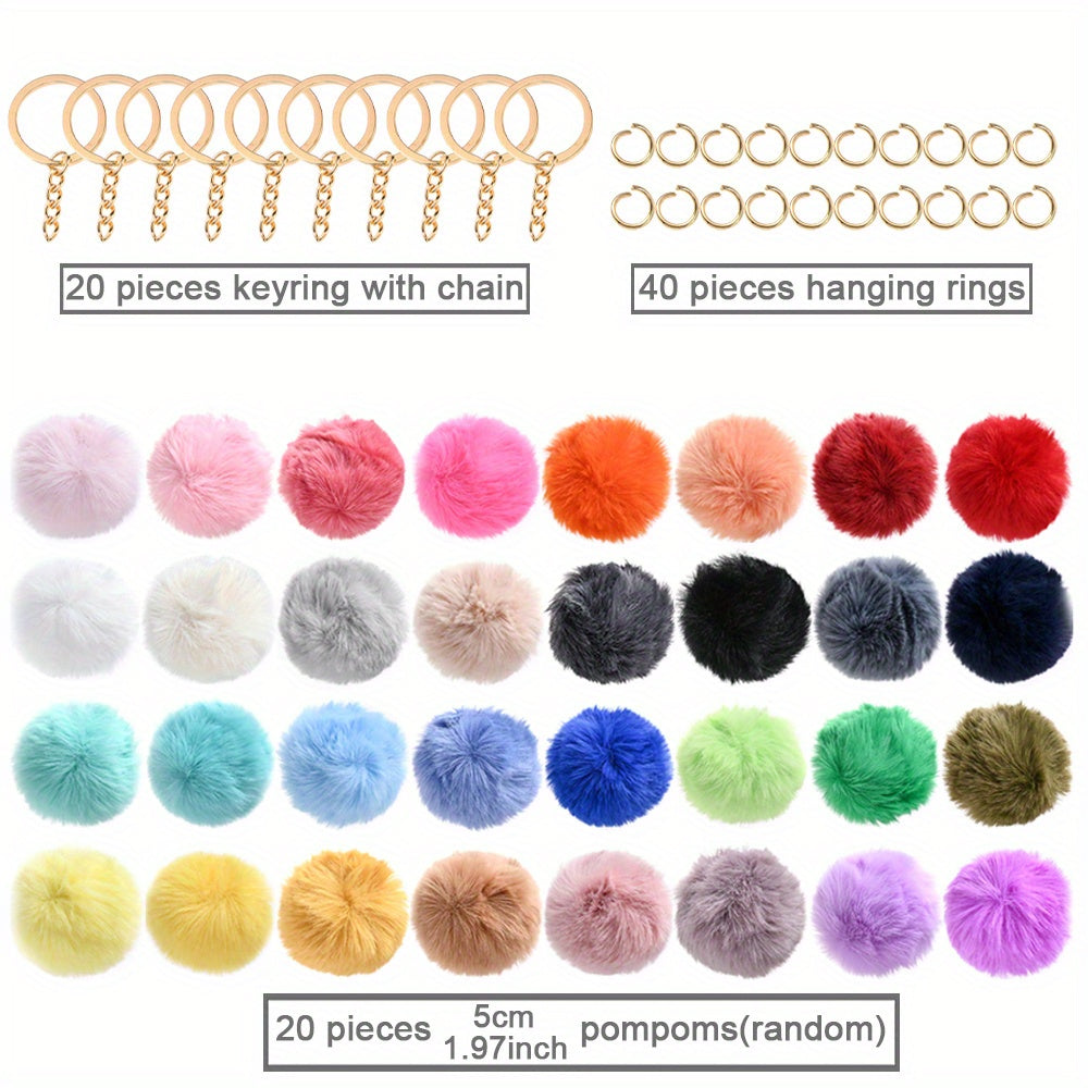 80-Piece Faux Fur Pom Pom Keychain Making Kit