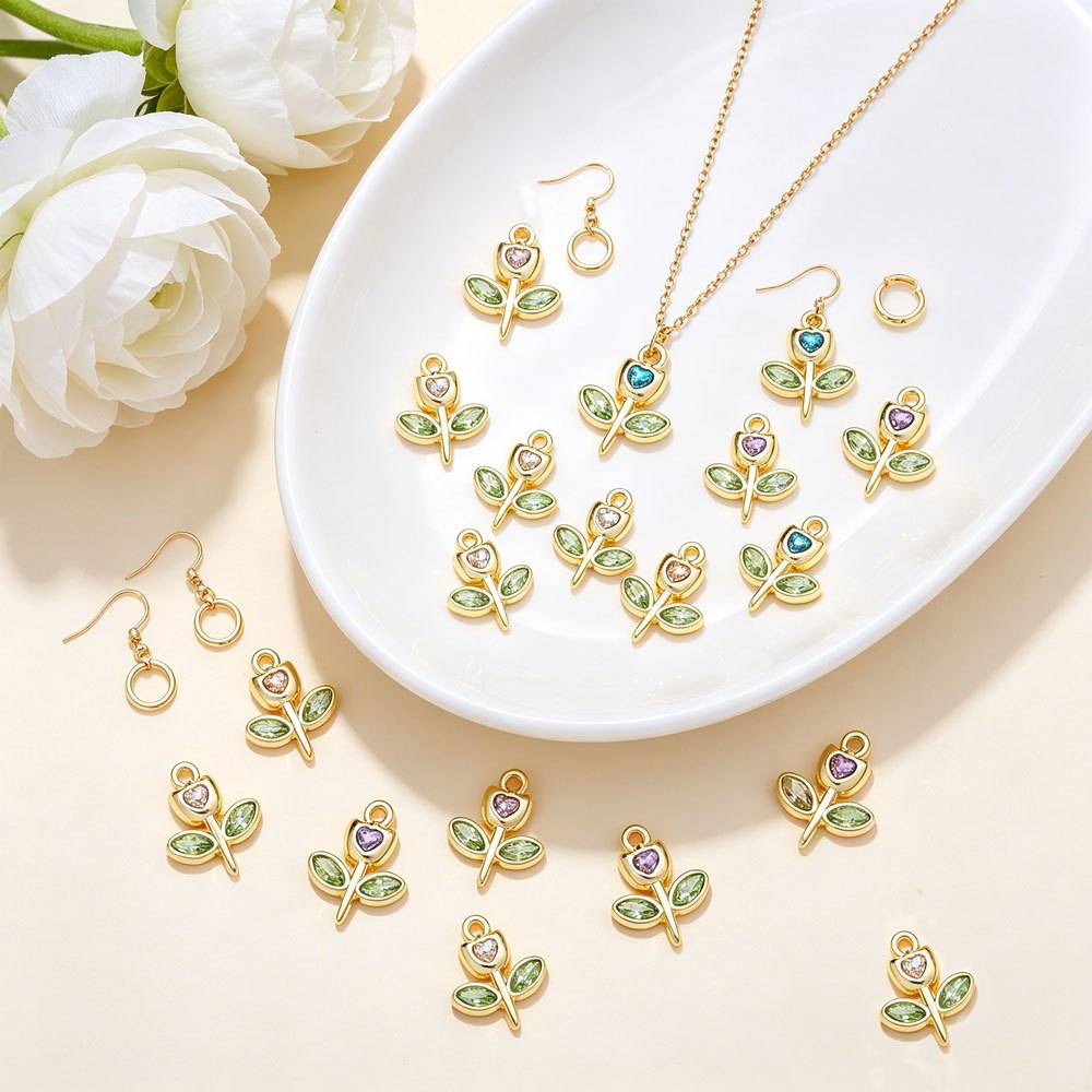 Rhinestone Heart Tulip Leaf Alloy Charms
