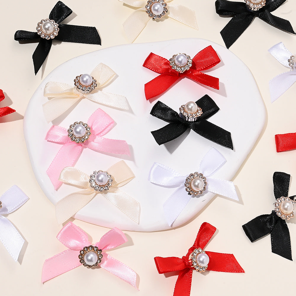 10PCS 4×5cm Pearl Ribbon Bow Rhinestone Appliques