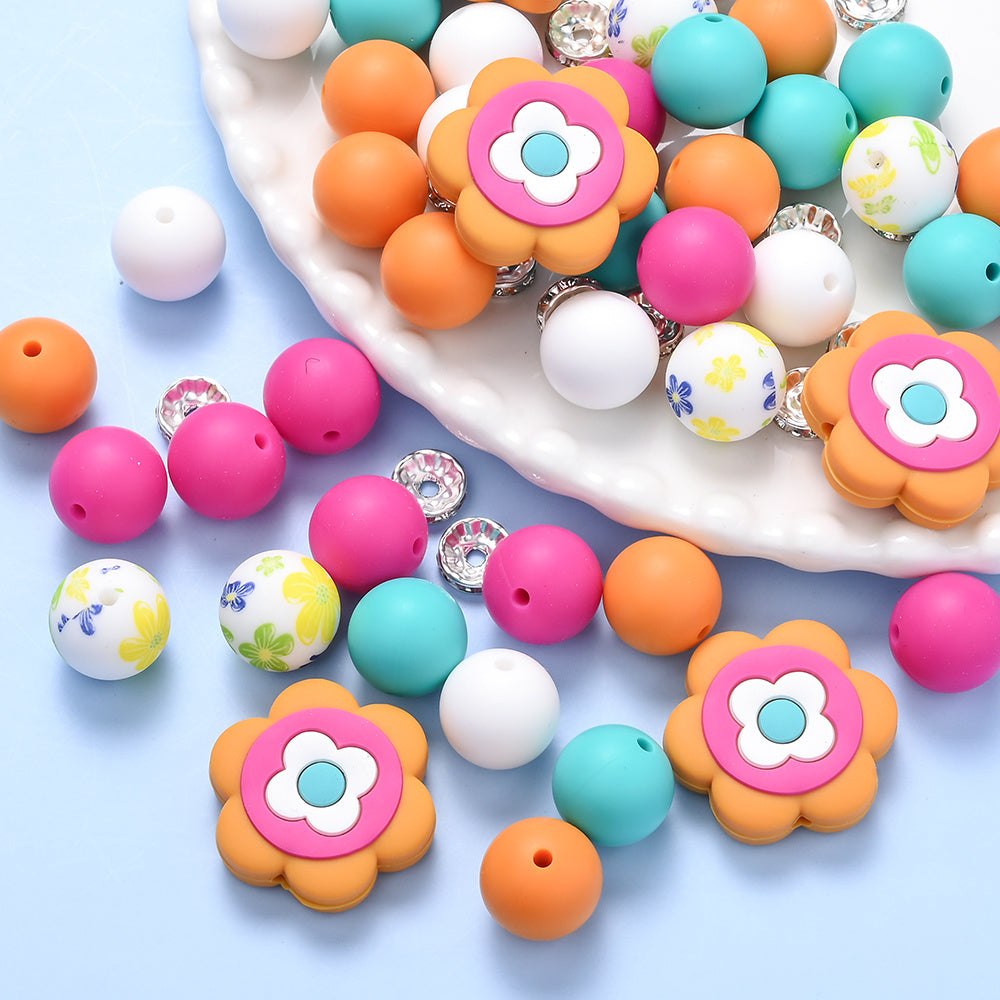 70pcs Flower Silicone Rhinestone Spacer Beads Set