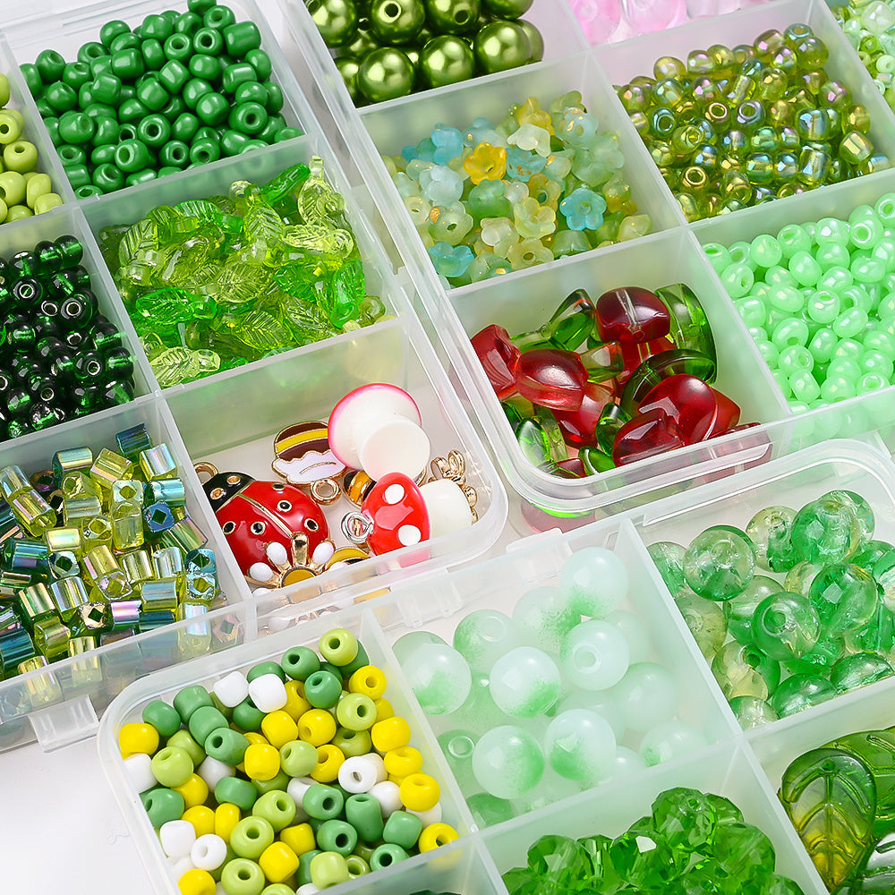 Green Plant-Themed Glass and Acrylic Bead Set