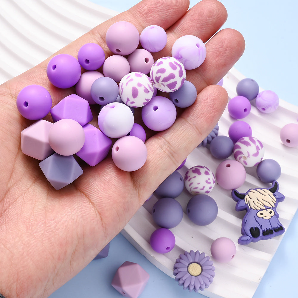 Purple Highland Cow Daisy Silicone Beads Set