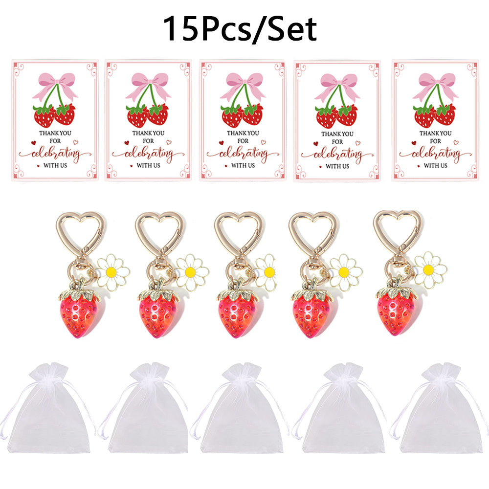 15PCS Red Strawberry Keychain Gift Set with Thank You Cards & Organza Bags
