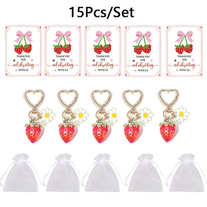 15PCS Red Strawberry Keychain Gift Set with Thank You Cards & Organza Bags