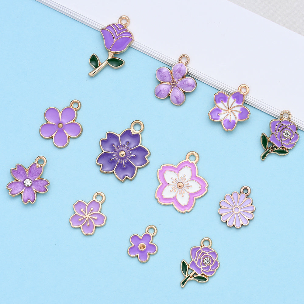 20/50PCS Purple Flower Enamel Charm Pendant Set