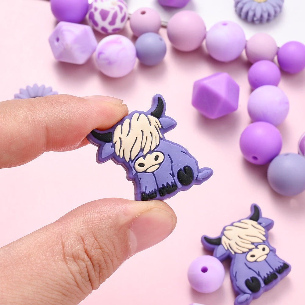 Purple Highland Cow Daisy Silicone Beads Set