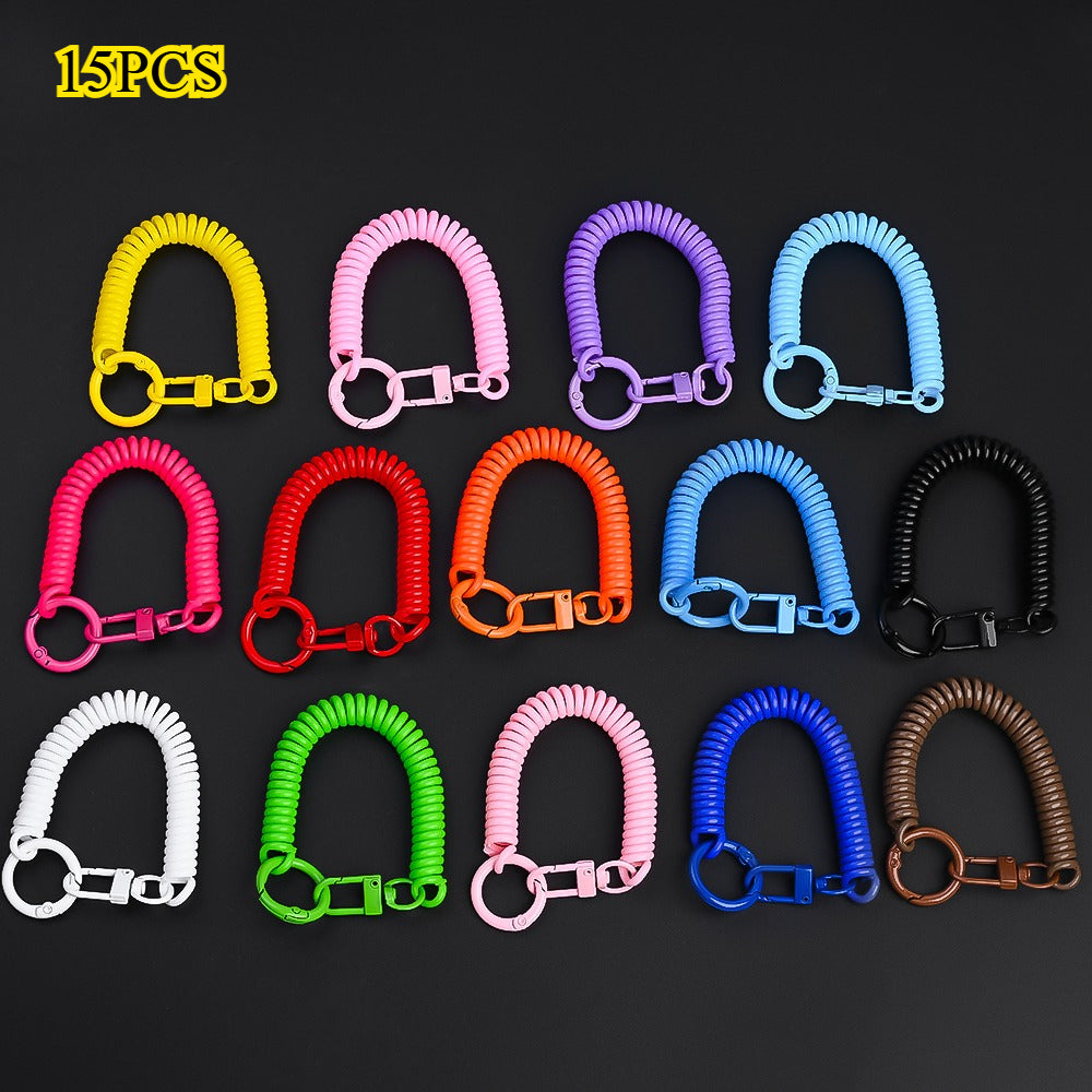 15PCS Retractable Double-Buckle Spiral Keychain Set