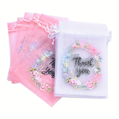 10x15 cm White & Pink Organza Drawstring Gift Bags