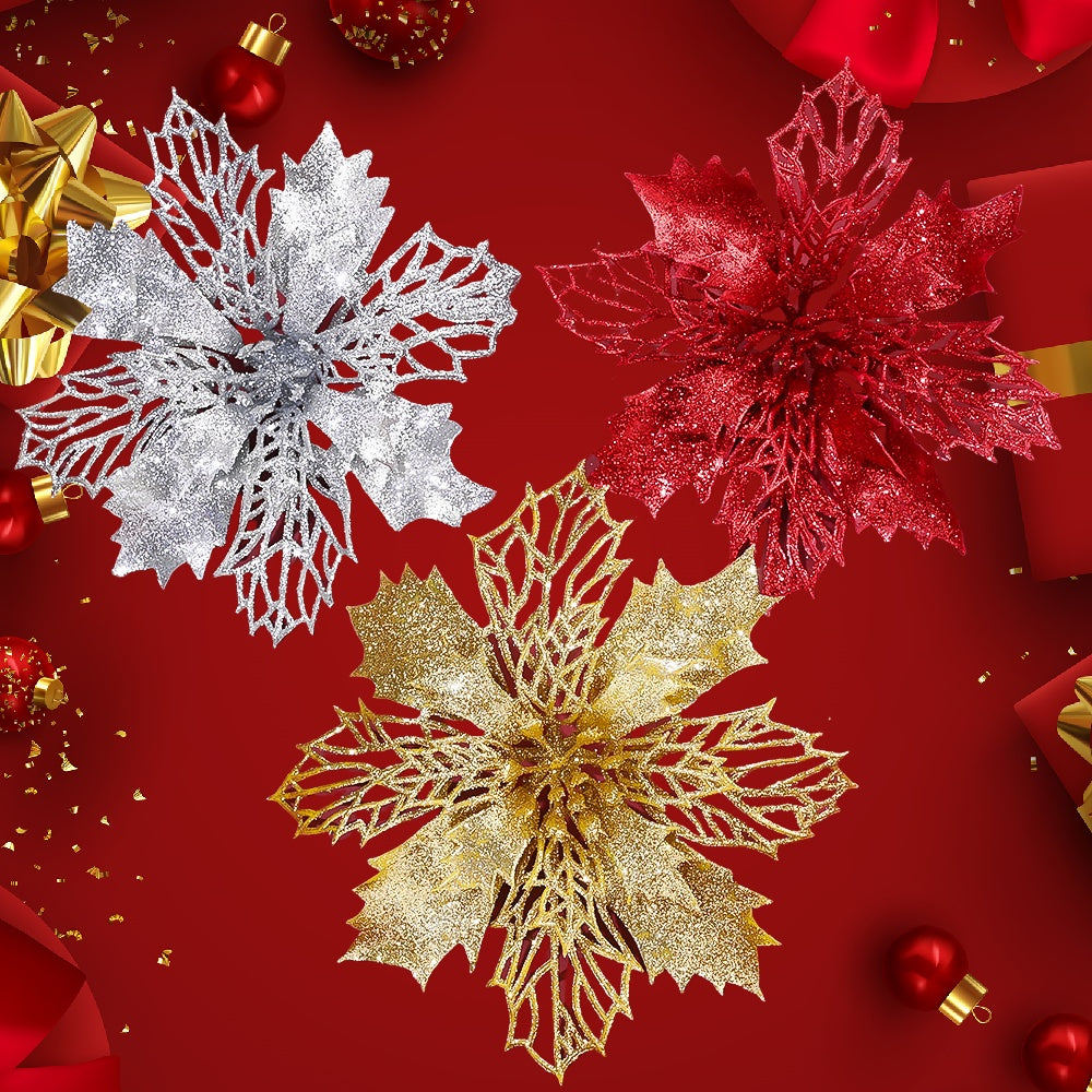 10PCS 16cm Gold, Silver & Red Hollow Christmas Flower Set