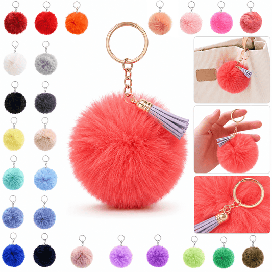 20PCS Fluffy Faux Fur Pom Pom Keychain Set with Tassel