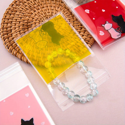 300-Piece Cat Print Self-Adhesive OPP Jewelry Bags